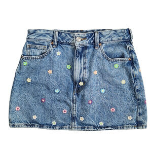 Pacsun Mini Skirt Women Size 27 Denim Blue Jean Floral Embroidered Short Y2K 90s